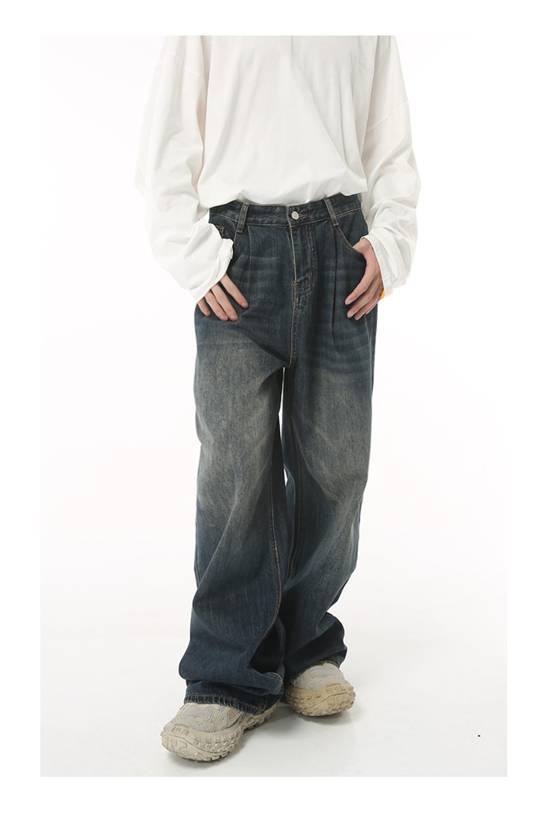 Jeans da Uomo Hip Hop Classico Rap Jeans Gamba Larga Gioventù Popolare Jeans Uomini Gamba Dritta Retro Pantaloni Sciolti Denim Pantaloni