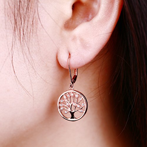 Jo Wisdom 925 Sterling Silver Family Rose Gold Tree Of Life Drop & Dangle Leverback Earrings #TOP1