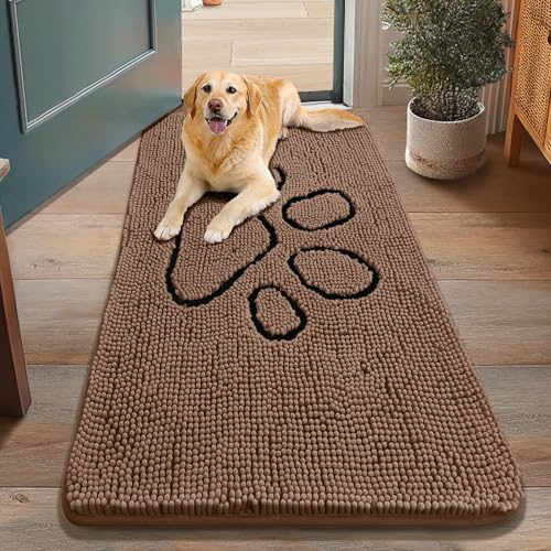 Image of Smiry Dog Door Mat for Muddy Paws, Absorbent Dirt Trapper Non Slip Quick Dry Washable Chenille Mat for Mud Dogs, Entry Rug for Indoor and Outdoor (48x30 Inches, Coffee and Black)
