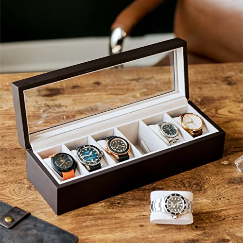 Case Elegance Solid Espresso Wood Watch Box Organizer With Glass Display Top #TOP5