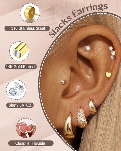 Hypoallergenic 14K Gold Plated Hoop Stud Earrings for Women Surgical Stainless Steel Flat Back Earrings Lightweight Small Chunky Huggie Hoops Cartilage Earring Stacks for Multiple Piercing Women Gifts2