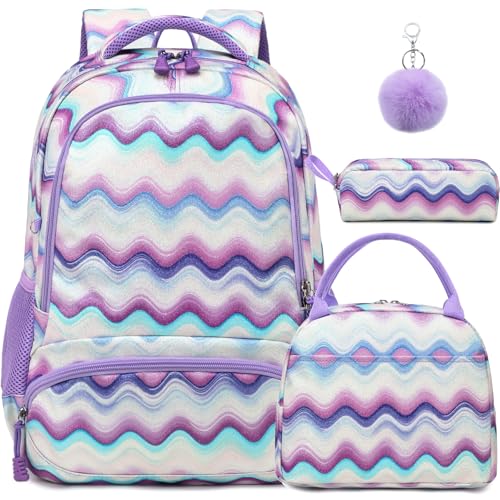 Mochila escolar para meninas, conjunto de 3 peças de mochila com lancheira, estojo de lápis para pré-escola, ensino fundamental, ensino médio, adolescentes, Roxo ondulado, Medium, Glitter