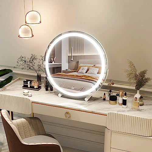 Rolove Vanity Makeup Mirror With Lights, 18 Inch Led Makeup Mirror, Lighted Vanity Mirror With Lights, Smart Touch Control 3 Colors Dimmable Round Mirror, Tabletop ＆ Desk Mirror, 360°Rotation (White) #TOP1