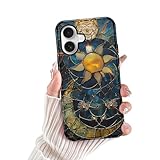 lioscre for iPhone 16 Stained Glass Phone Case 6.1', Aesthetic Sun Moon Stars Case Cute Pattern Print Design Cover Anti-Scratch Glossy Hybrid 2-Layer Hard Shell Prevention Funda for Woman Girls Men