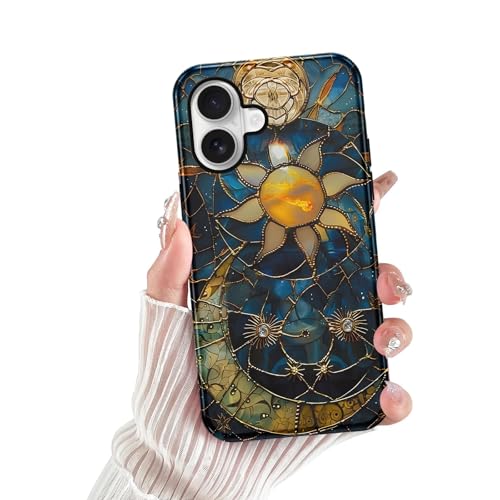 lioscre for iPhone 17 Stained Glass Phone Case 6.3", Aesthetic Sun Moon Stars Case Cute Pattern Print Design Cover Anti-Scratch Glossy Hybrid 2-Layer Hard Prevention Funda for Woman Girls Men