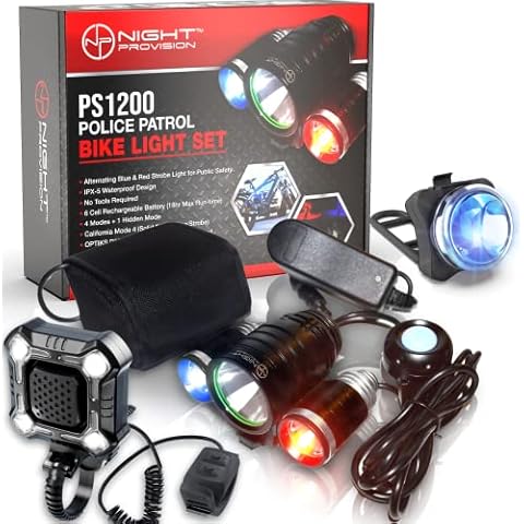 NP NIGHT PROVISION PS1200 Front & Rear Police Patrol Bike Light with ZIREN-140dB Bike Horn - Red/Blue Strobe LED - Rechargeable - Water Proof - 5 Modes Cover