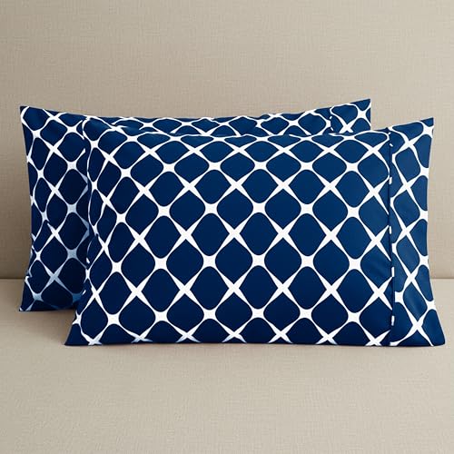 Image of Elegant Comfort Luxury Ultra-Soft 2-Piece Pillowcase Set - 1500 Premium Hotel Quality Microfiber Double Brushed - Wrinkle Resistant, King Size, Bloomingdale Pattern Navy Blue