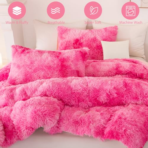 Image of Plush Shaggy Fluffy Comforter Set King Size Pink Rainbow Faux Fur Bedding Set for Girls Women 3 Pieces Tie Dye Soft Fuzzy Bed Set for Bedroom Decor(Pink White Ombre, King)