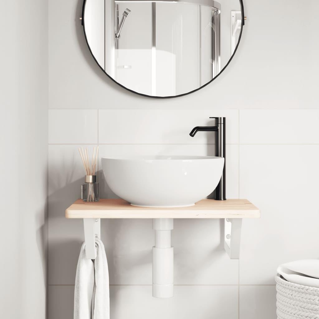 Piano per lavabo, 60 x 40 cm, in legno massello di rovere con | Effetto fluttuante per il tuo bagno: consolle salvaspazio in legno di quercia con portasciugamani in acciaio bianco integrato