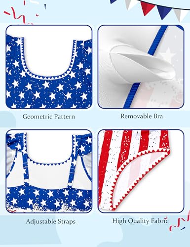 Image of Girls Swimsuit Ruffled Square Neck Color Contrast Trim One Piece Bathing Suit Geometric Girls' Swimwear 9-16Y