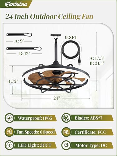 Image of Fanbulous 24 inch Outdoor Ceiling Fan with Light, Waterproof Caged Gazebo Fan
