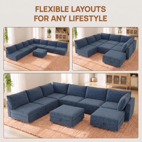 Image of 128 inch Chenille Modular Sofa Bed with Washable Covers & Storage, 8-Seater Modular Sectional Sleeper Sofa Bed with Movable Ottoman Chaise, Convertible Sleeper Sectional Couches for Living Room, Blue
