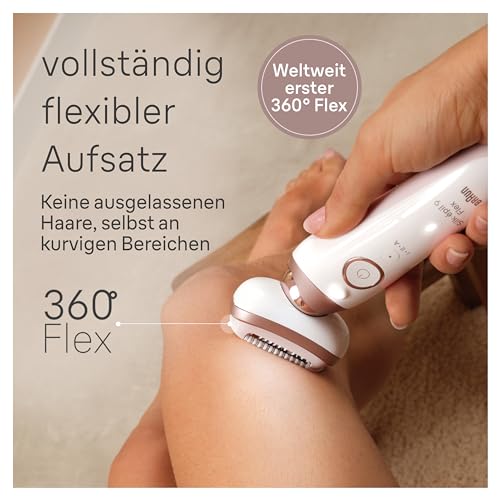 Braun Silk-épil 9 Flex Epilierer Damen mit Flexiblem 360°-Kopf, Wet&Dry, Langanhaltend Glatte Haut, Ladyshaver, Rasieraufsatz und Trimmeraufsatz, Made in Germany, 9-041 3D, Weiß/Gold 3