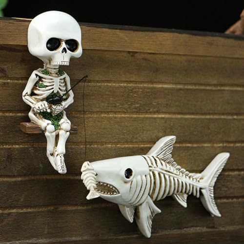 Set of 2 Fishing Skeleton Shark Fish Statue Halloween Decoration, Self Adhesive Wall Mounted Creepy Resin Skeleton Sculpture, Horror Gothic Home Decor for Fridge, Door, Fish Tank