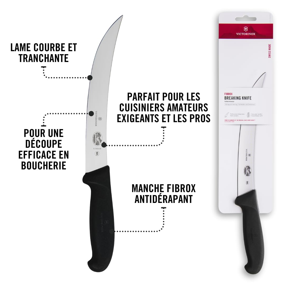 Victorinox Fibrox Couteau de boucher, Couteau long pour couper de gros morceaux de viande, 20 cm, Lame incurvée, Tranchant, Inox, Noir