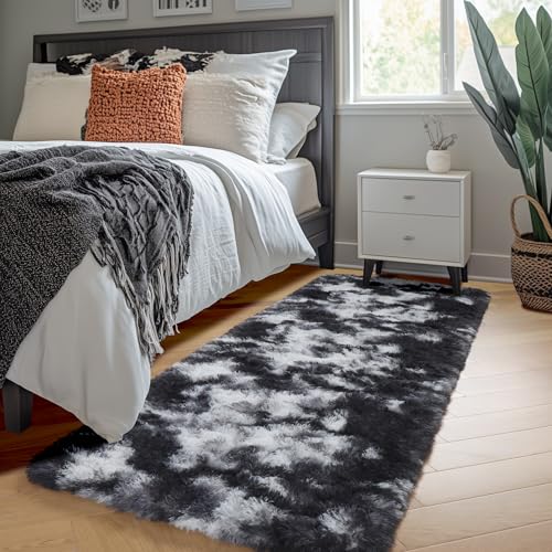 Amdrebio Black White Grey Runner Rugs 2x6 for Bedroom Living Room Decor, Fluffy Fuzzy Shag Bedside Area Rug for Kids Room Dorm Home Office, Cool Shaggy Plush Floor Modern Carpet for Teen Boys Men