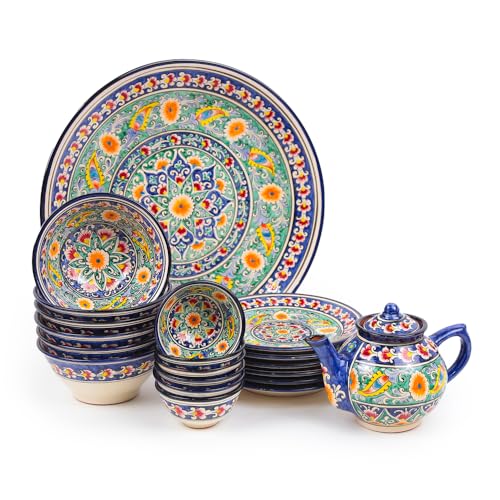 Rischtan Keramik Tafelservice Plov-Set KaraKalam Blau-Gelb | Handbemalt Usbekische Servierplatte | Lagan + Teller + Piala | Ljagan Orientalisches Geschirr für 6 Personen | сервиз плов Ляган (21)