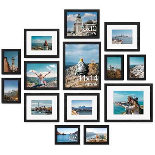 Image of Vittanly Picture Frames Set of 14, Gallery Wall Frame Set with 2Pcs 11x14, 6Pcs 8x10 and 6Pcs 5x7 Photo Frames, Picture Frames Collage Wall Decor for Wall or Tabletop Display, Black