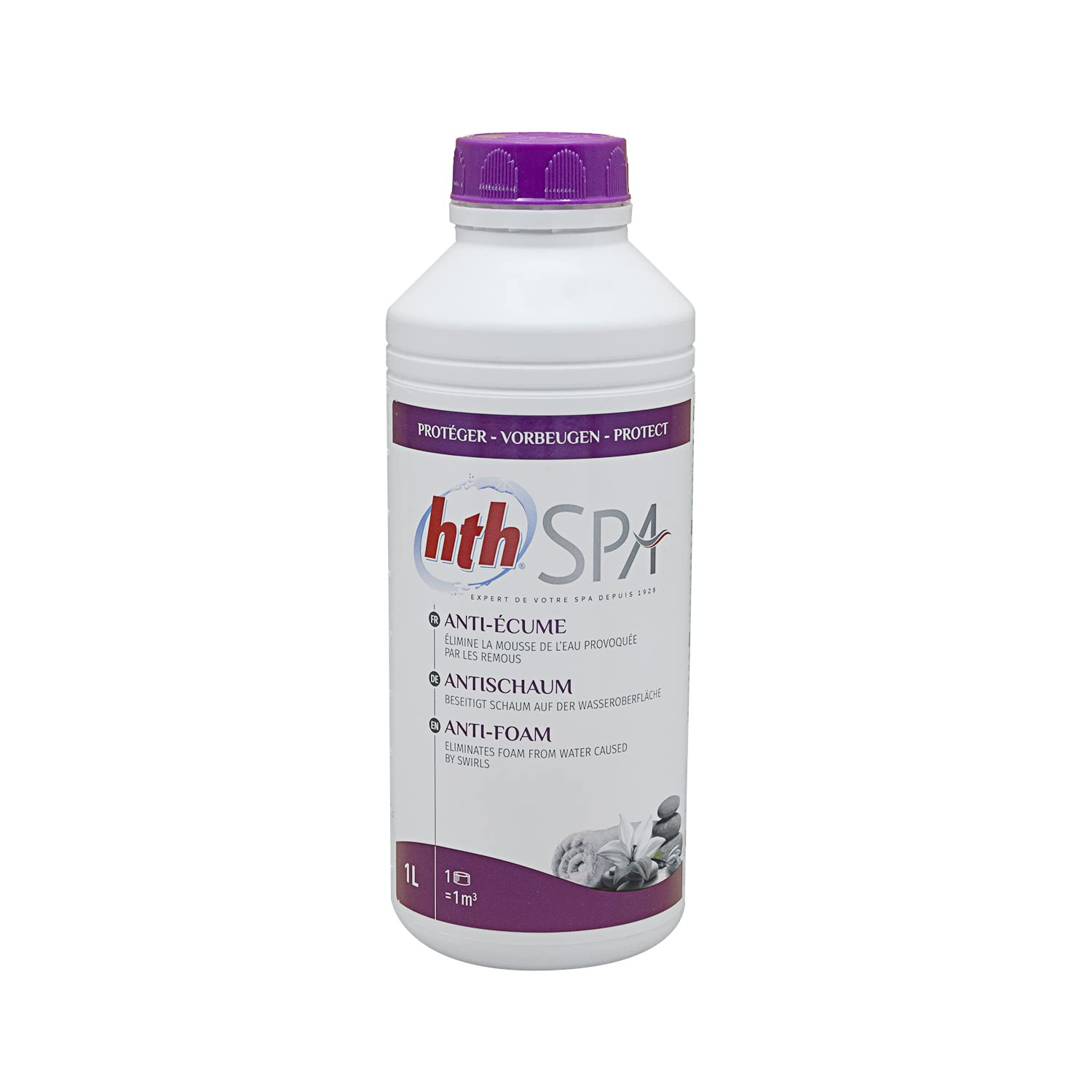 HTH Spa Anti-Ecume Liquide - 1L | Elimine la Mousse/Écume à la Surface de l'eau du Spa + 10 Tests HPS OFFERTS 6 en 1