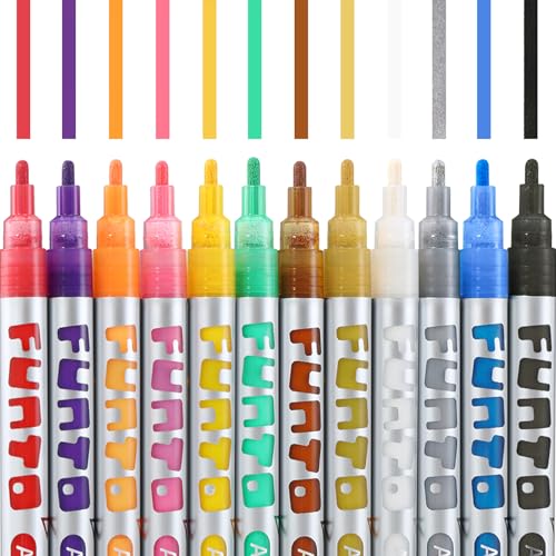 Image of Funto Acrylic Paint Pens for Rock Painting, Fabric, Wood, Canvas, Metal, Ceramic, Glass, 12 Colors Paint Marker Set, Non-Toxic, Quick Drying