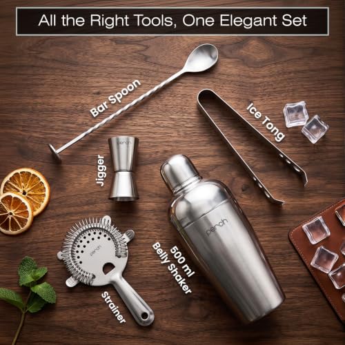 Image of O' Holic by Perch Craft 5-Piece Stainless Steel Bartender Kit|Premium Cocktail Shaker Set with Jigger 30 /60ml, Spoon, Ice Tong, & Strainer|Professional Bar Set for Home &Tour Parties|Silver