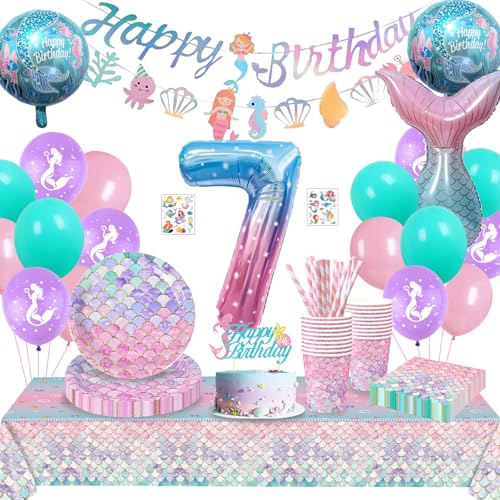 Sirena para cumpleaños de 7 años, juego de vajilla de fiesta de sirena, decoración de cumpleaños para niñas de 7 años, plato de papel para fiestas de sirenas, cumpleaños infantiles, 16 invitados