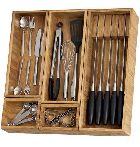 KOCWELL Bamboo Silverware Drawer Organizer with Knife Block,...