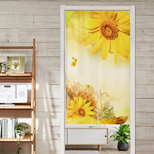 U-SITU インテリア のれん 暖簾 ドアカーテン 綿と亜麻の混合生地、真ん中が割れているタイプ 厚手 家庭用 店舗用 花 桜 向日葵 柄付き 目隠し プライバシー保護 雑貨 (サイズ:丈140cm x 幅80cm) カラー:ML0929HM