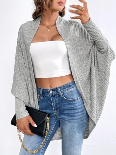 Image of WDIRARA Women's Open Front Long Sleeve Asymmetrical Hem Cardigan Rib Knit Sweater Light Grey XS