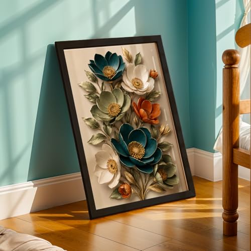 Image of NoWorries 3D Floral Wall Painting with Frame Set of 1 | Premium Textured Teal White Orange Flower Artwork, Luxury Botanical Nature Wall Decor for Living Room, Bedroom, Office and Home Decoration (3d Art-13,13x19inch)