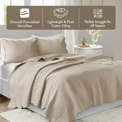Madison Park King Quilt Set - Damask Coverlet Set for King Size Bed, Cottage Oversized Quilt Set, Scallop Edge, All Season, Pre-washed Cotton-Filled Quilt, Tuscany, Khaki 3 Piece - Image 3