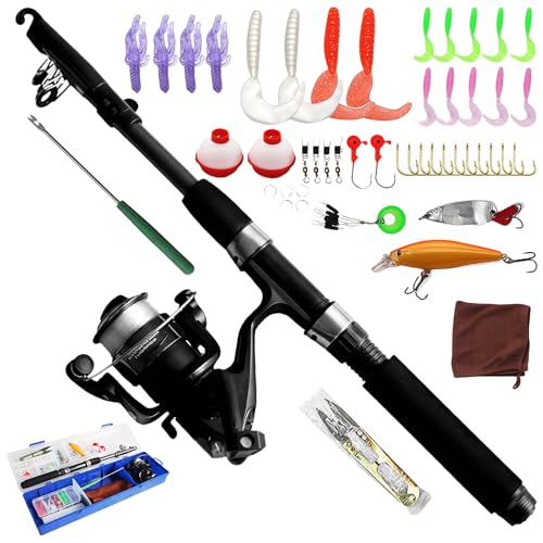 PRITOK Kids Fishing Pole Set: 1.5 m Portable Telescopic Fishing Rod with Reel Combo Kit with Tackle Box, Carbon Fiber Telescopic Fishing Rod with Full Starter Kits for Boys Girls and Youth