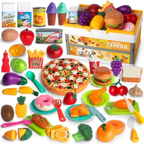 BunnyJOY Acessórios de Cozinha de Brincar, Brinquedo de Comida com Frutas e Verduras, Utensílios de Cozinha Infantis e Cesta de Piquenique, Jogo de Papéis Educativo, Presente para Menino e Menina de 3