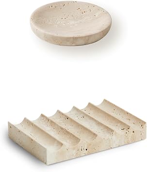 Luxury Travertine Soap Dish Marble Jewelry Ring Tray - Rectangle/Round Marble Soap Tray & - Soap Holder for Bathroom, Kitchen, Beige Travertine