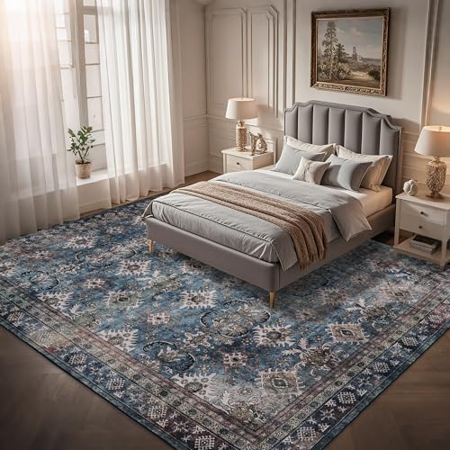 Alfombra vintage azul 8x10 lavable y antideslizante miniatura 6