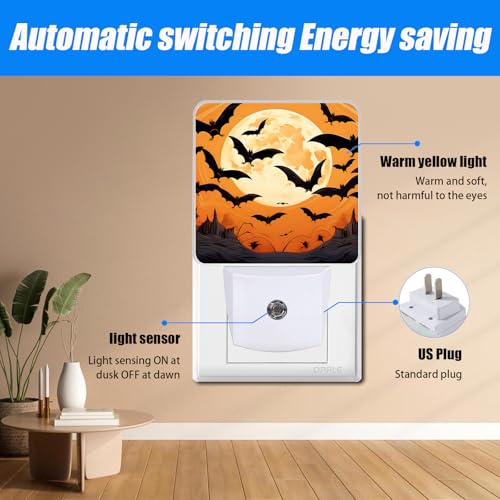 Image of Bat Night Light,Halloween Moon Nightlight Plug into Wall,LED Lamp,Suitable for Bedrooms,Kitchens,Toilets,Etc.Auto Sensor Dusk to Dawn,Energy-Saving