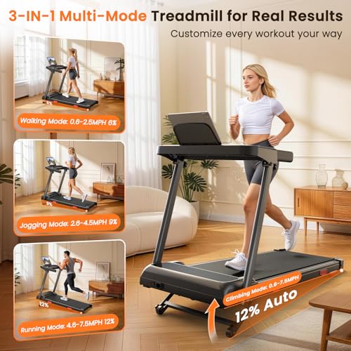 Image of Walking Pad Treadmill with APP, 12% Auto Incline Treadmills for Home Office, 3.0HP Brushless Ultra Quiet Compact Walking Pad with Handle Bars, 400lbs Capacity Shock Absorption, 0.6-7.5MPH Speed
