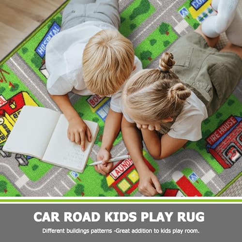 Image of Capslpad Green Car Road Kid Rug Carpet Playmat for Playoom Traffic Road Kids Play Mat for Toddler Non Slip Washable City Map Race Track Carpet Rug for Kids Room Bedroom Nursery Room Decor,5'x2.7'