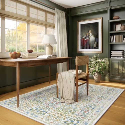 Image of 4x6 Feet Area Rug for Living Room Bedroom, Washable Non-Slip Large Rug, Ultra Soft Stain Resistant, Beige Green Distressed Floral Design