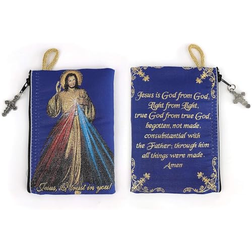 Image of Catholic Rosary Pouch, 4 inch x 6 inch Jewelry & Coin Purse with Cross, Small Woven Tapestry Icon Bag, Bolsa de Rosario Catolico para Joyeria, Devine Mercy of Jesus & Jesus is God, 4 x 6 Inch