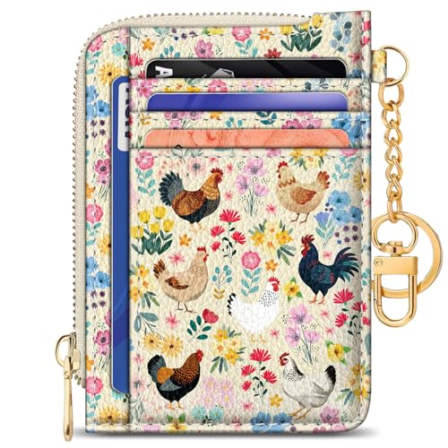 Image of GIANCOMICS Slim Wallet Credit Card Holder Women, Chicken Rooster Flower Rfid Small Card Case, Keychain Thin Pocket Curved Zipper Wallet, Travel Card Holder PU Leather ID Window, Ladies Female Gifts