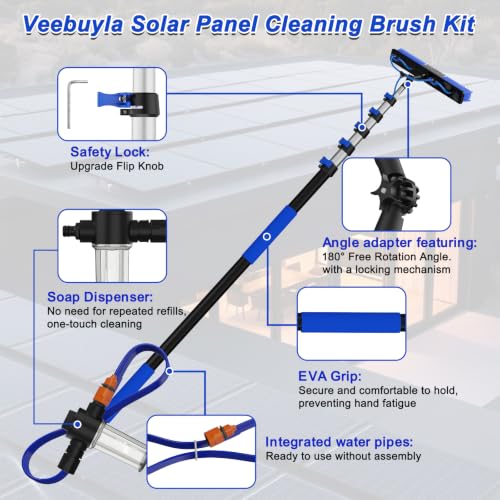 Image of 26FT Reach Solar Panel Cleaning Brush Kit with 5-20FT Telescoping Pole, 33FT Hose, 20 inch Water Fed Brush, Soap Dispenser, Cobweb Duster, Squeegee & High Ceiling Duster for Roof, RV, Gutter, Boat, Deck