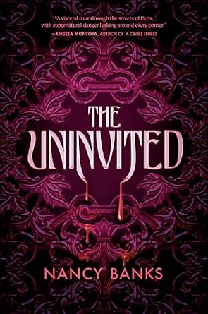 The Uninvited by Nancy Banks, depicting the title of the book with bloodied fangs coming out of the bottom of the letters above a purple background.