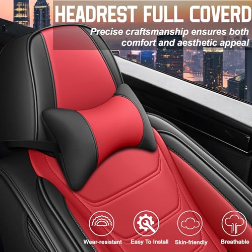Image of Car Seat Covers Fit for Chevrolet Tahoe 1995-2025, Leather Automotive Seat Covers for Trucks, Heavy-Duty Wear Resistant Seat Protectors, Easy to Install, 5 Seats with Pillows, Black Red