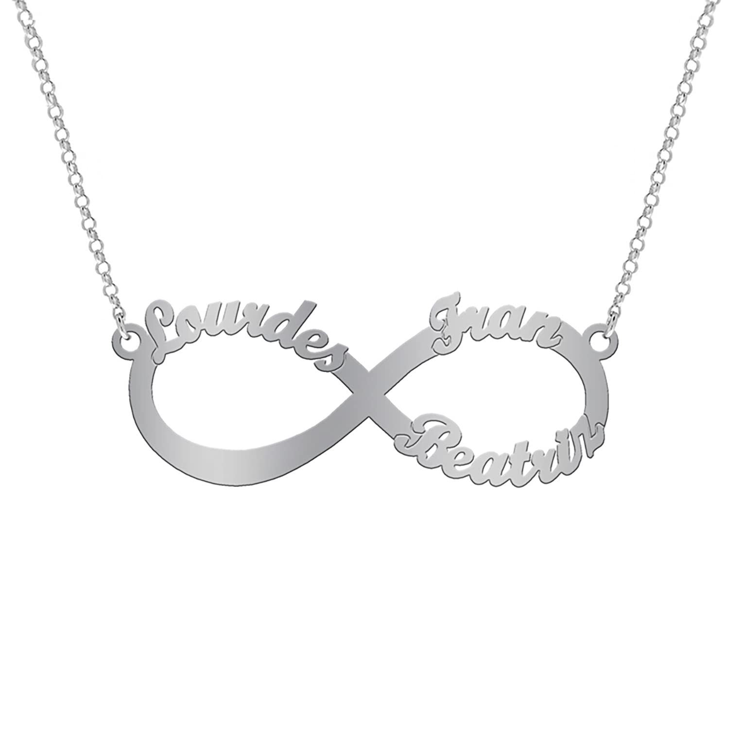 Collar Infinito personalizado plata de ley - Colgante con hasta 4 nombres - Regalo original para novia, mujer o madre donde incluir nombres de la familia