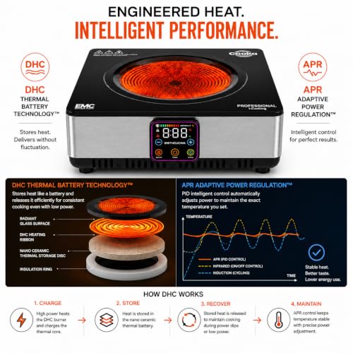 Image of Cooka D-MAX 3500 Commercial Infrared Radiant Cooktop - 3500W Heavy Duty, Patented DHC Technology, 600C Peak Heat, 24 /7 Professional Use, Fits Round & Flat Bottom Utensils