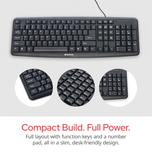 Image of Verbatim Slimline Wired Keyboard USB Plug-and-Play Numeric Keypad Adjustable Tilt Legs Corded Full-Size Computer Keyboard Compatible with PC, Laptop - Frustration Free Packaging Black 99201