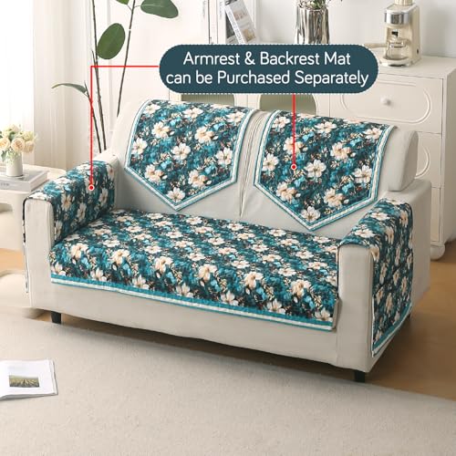 Image of HOKIPO 'Florentina Series' Foam Filled Premium Holland Velvet Sofa Cover Mat for 2 Seater Sofa with Anti-Slip Backing, Pansies Teal (IN-879-V5)