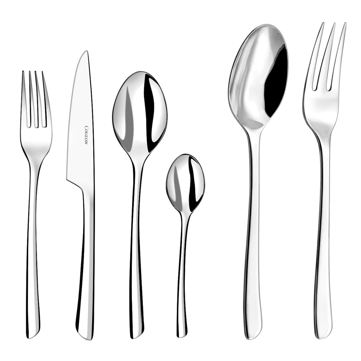 COUZON - Ménagère 50 couverts de table en coffre bois pour 12 personnes - J'aiGoûté - Acier inoxydable 18/10, Finition Miroir, Epaisseur 4 mm - Inox