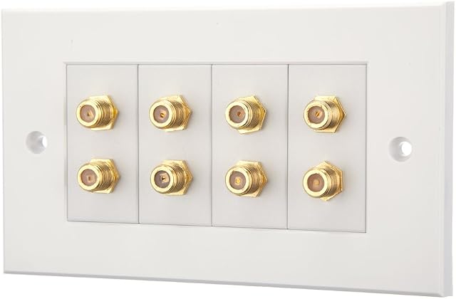 Computer Spares Twin F Type Satellite Faceplate - Gold Coloured Sockets in Wall Outlet (8 x F Type Coax Sockets)